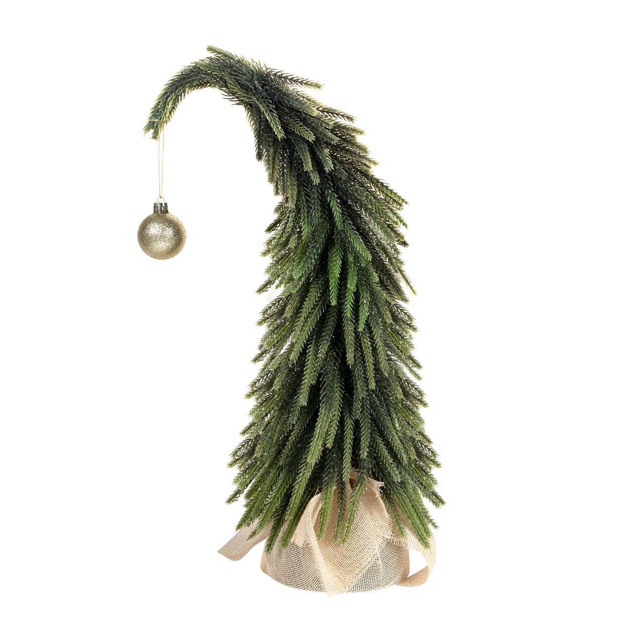 20" Curved Grinch Christmas Tree – Artificial Pine with Golden Ornament & Burlap Base, Small Tabletop Holiday Decor